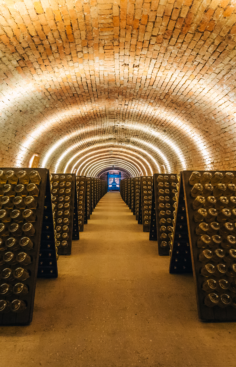 Kellerwelten Gang zwischen Sektflaschen