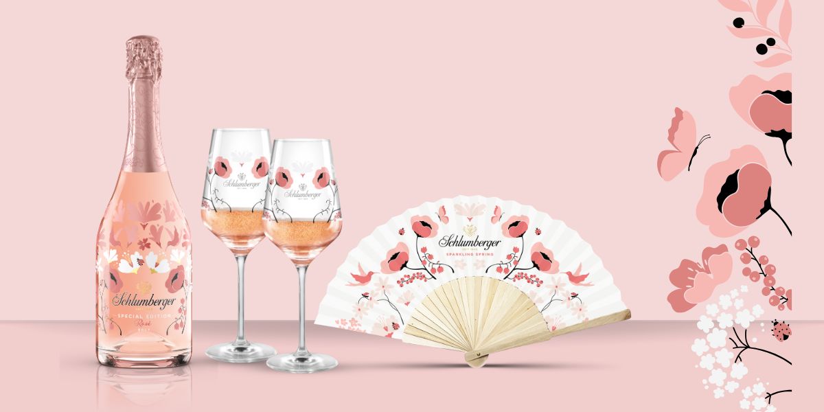 Schlumberger Sparkling Spring Paket bestehend aus einer Rosé Spring Edition Brut Klassik 0,75 Liter Flasche & zwei Spring Gläsern und einem Fächer