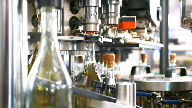 Sektflaschen werden in einer Maschine verkorkt.