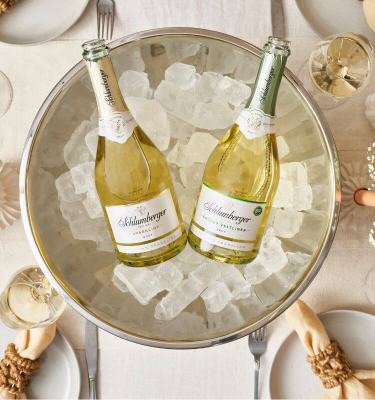 Sparkling Brut und Grüner Veltliner BRut in einer Sektschale mit Eiswürfel