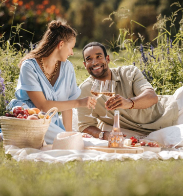 Zwei Personen sitzen im Park beim Picknick und stoßen mit Rosé an.