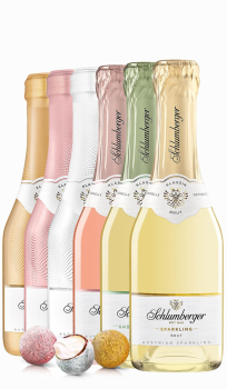 Schlumberger Probierset mit 6 Flaschen und Pralinen.