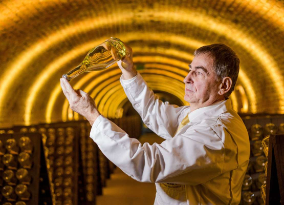Kellermeister begutachtet Hefedepot in Schlumberger Flasche nach dem Ruettelvorgang